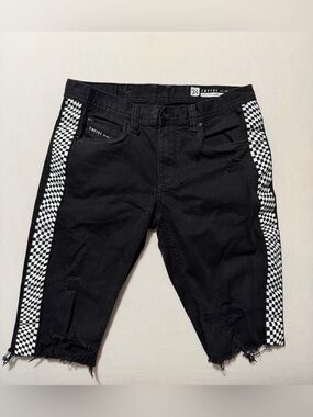 Empyre Black Jeans Shorts with Black-and-White Check Side Trim